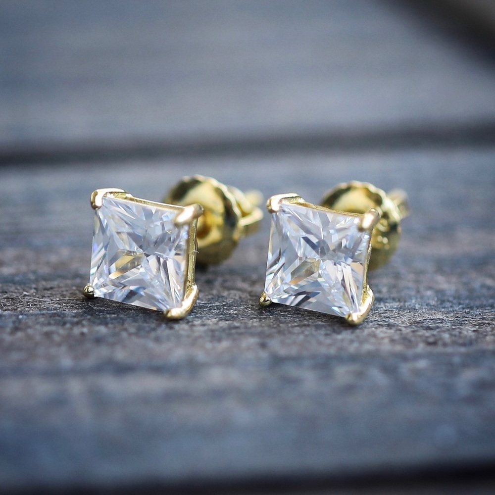 14k Gold Plated Princess Cut 6mm Stud Earrings