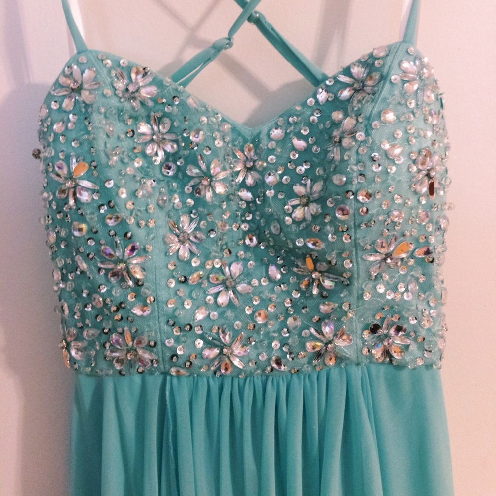 Gorgeous hi-low prom dress with sequin beaded top