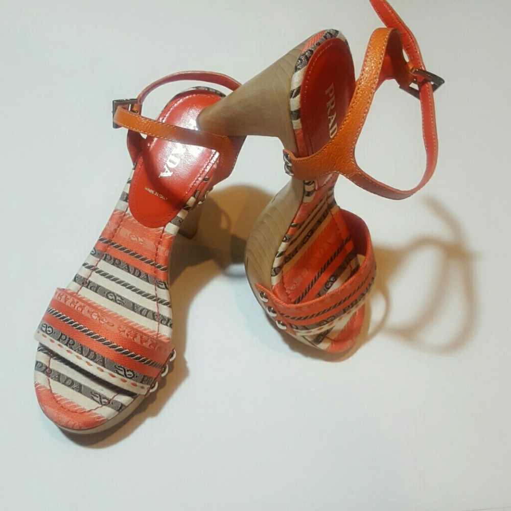 PRADA ORANGE LEATHER & CANVAS STRIPE WOODEN HEELS