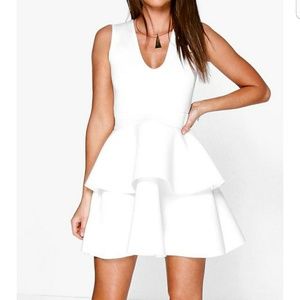 White plunge neck skater dress