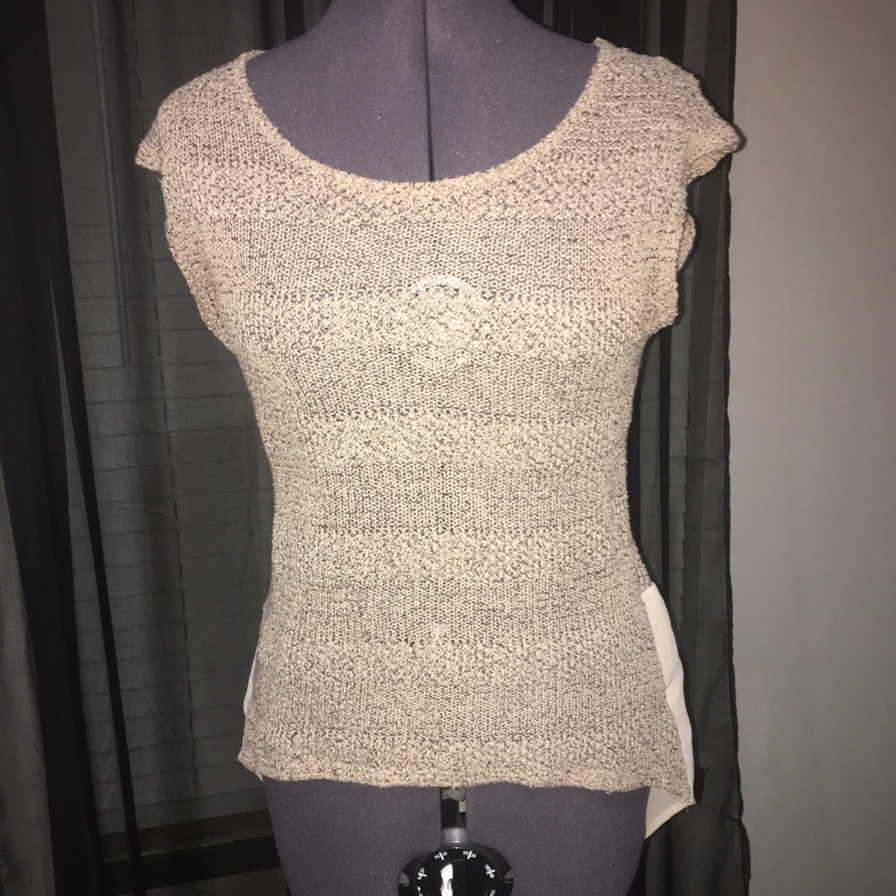Tan woven shirt with high low of Mesh