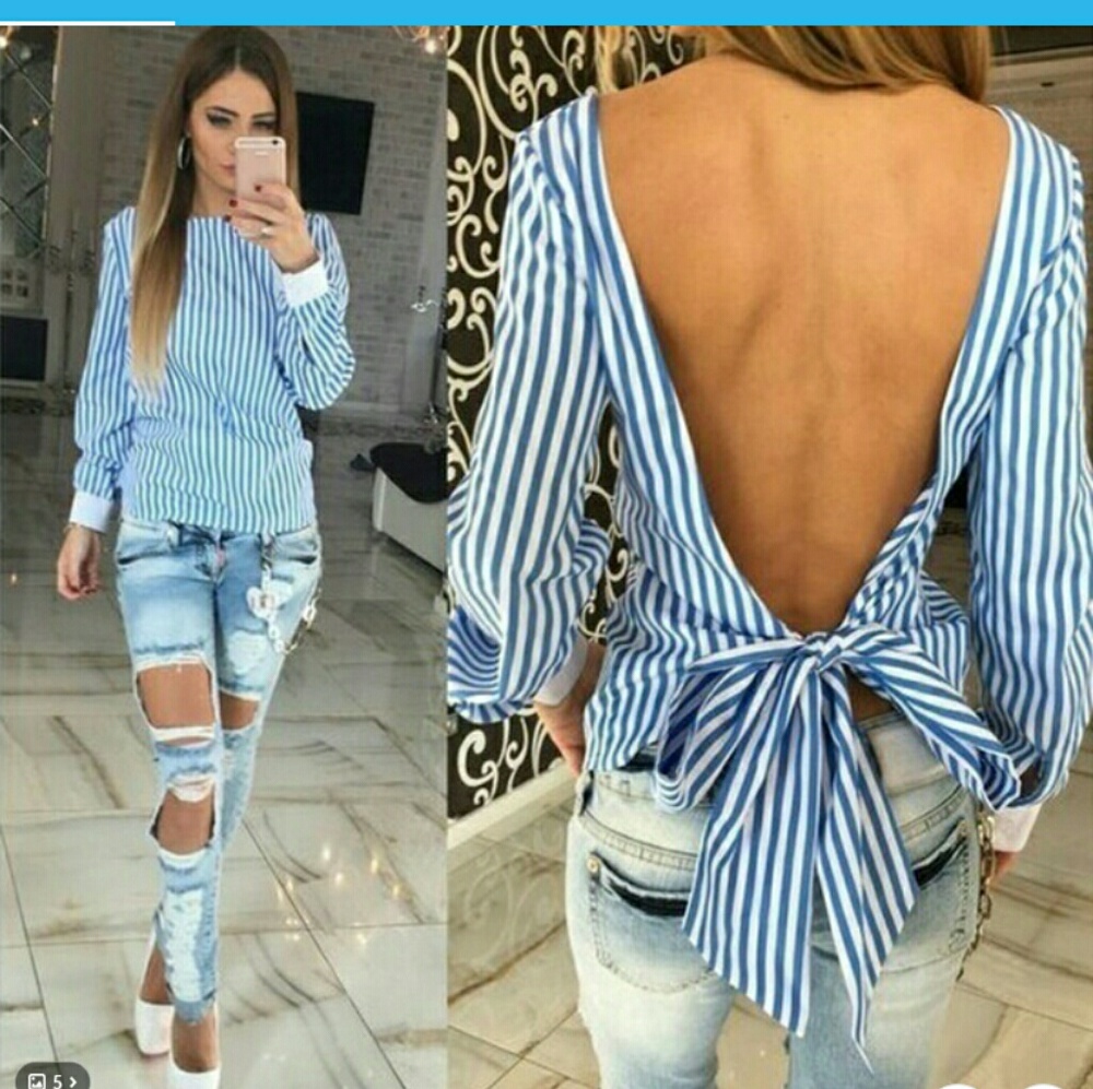 Sexy Bowknot backless striped blouse,