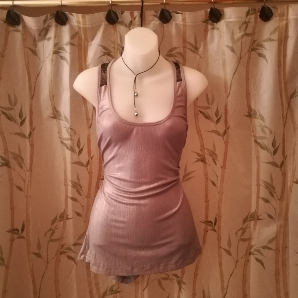 Bebe Silver Racerback Black Floral Lace Tank Top