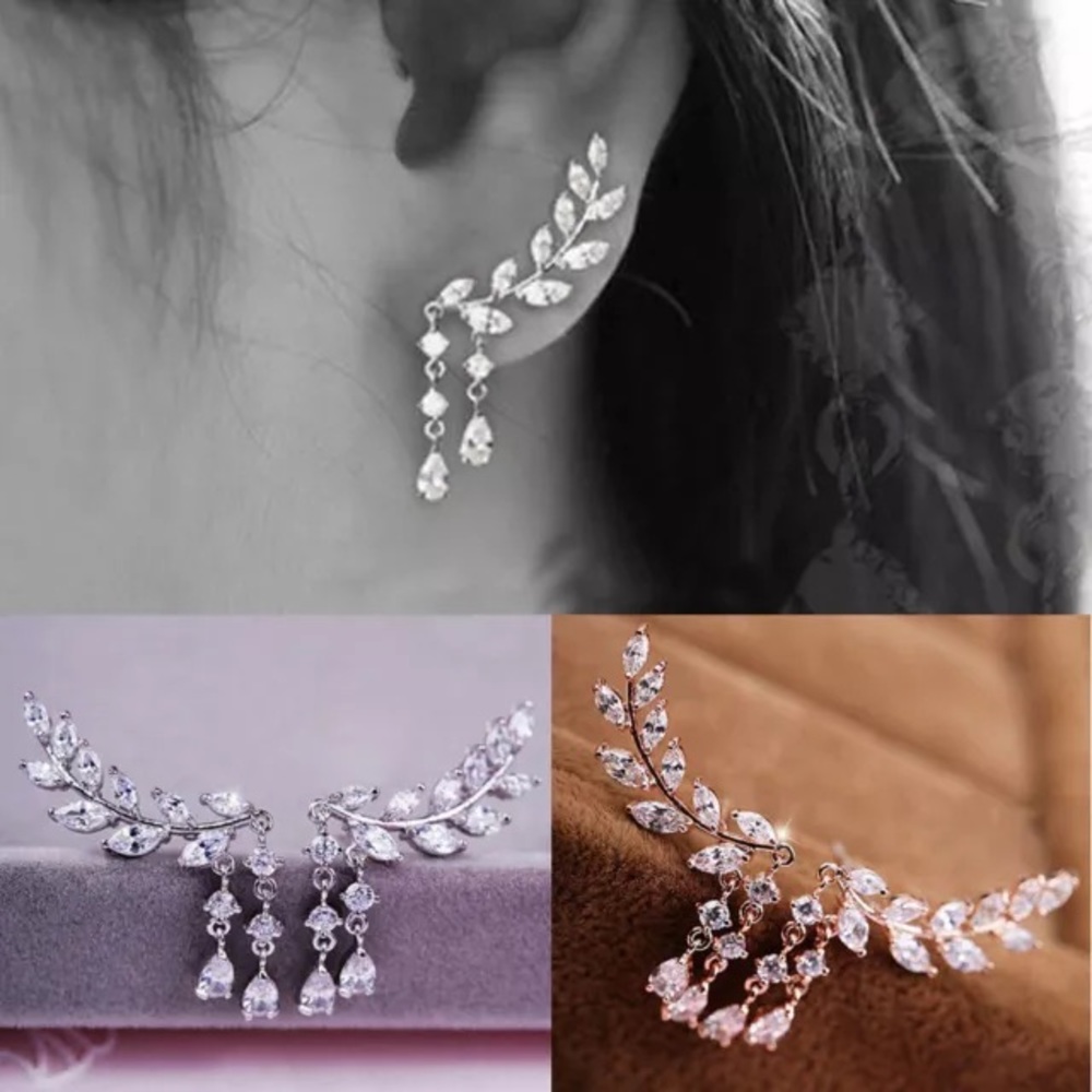 🔴🆕Gold Crystal Zirconia leaves tassel ear studs
