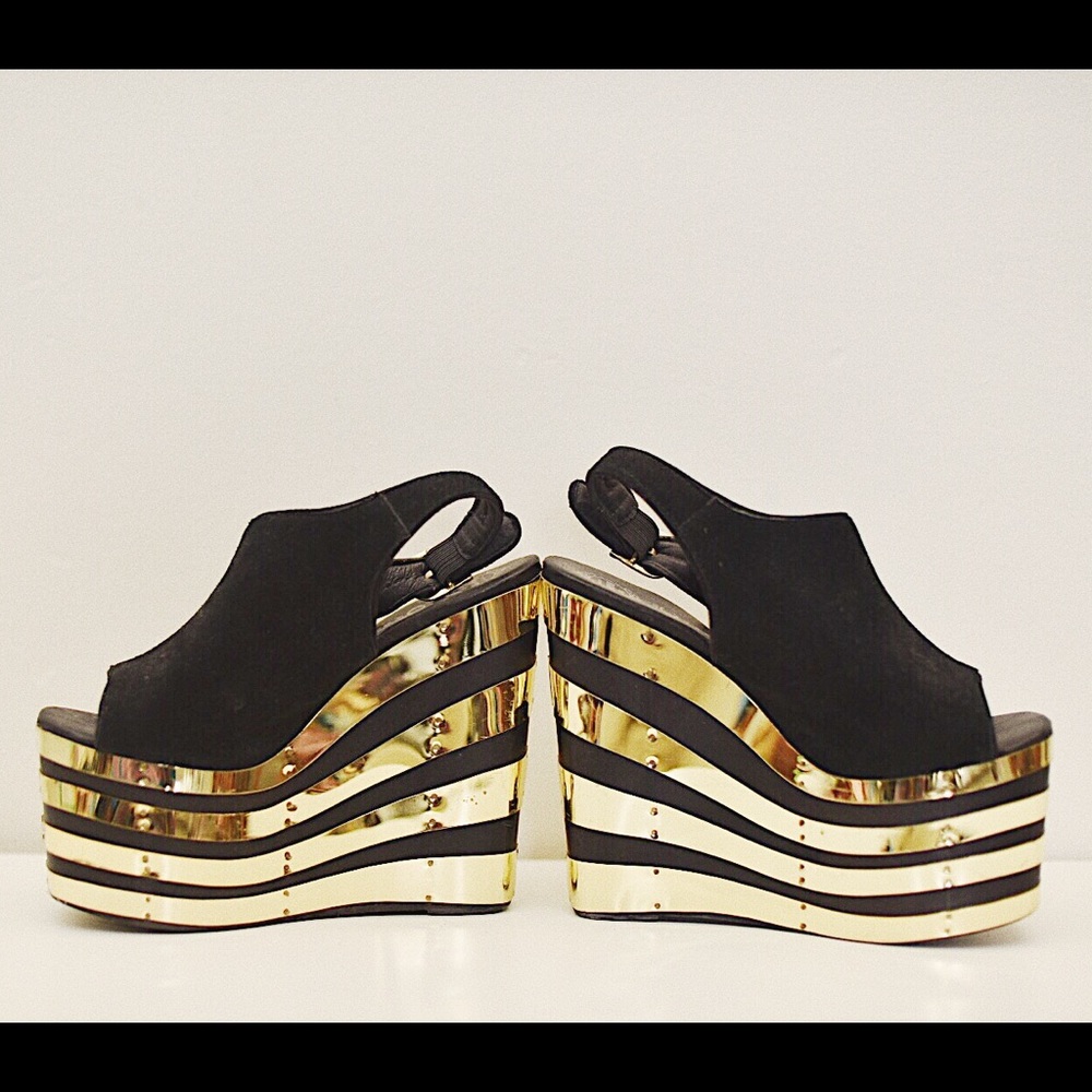 JEFFREY CAMPBELL SUEDE PLATFORM WEDGES WITH GOLD