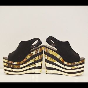 JEFFREY CAMPBELL SUEDE PLATFORM WEDGES WITH GOLD