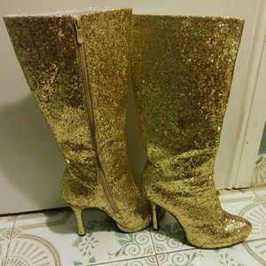 Gold glitter high heeled boots