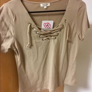 Beige lace up crop top