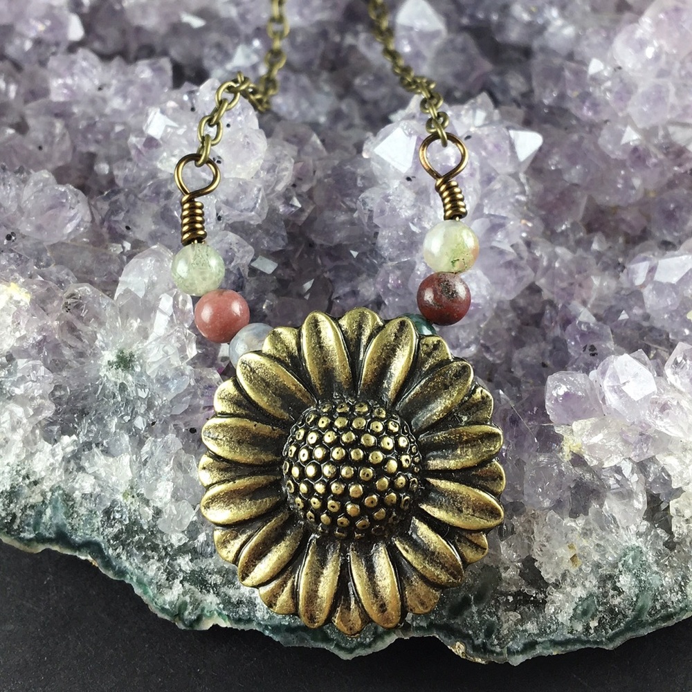 Fancy Jasper Sunflower pendant necklace handmade