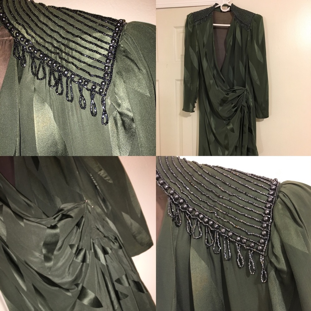 Vintage Wrap dress shoulder beaded silk fabric