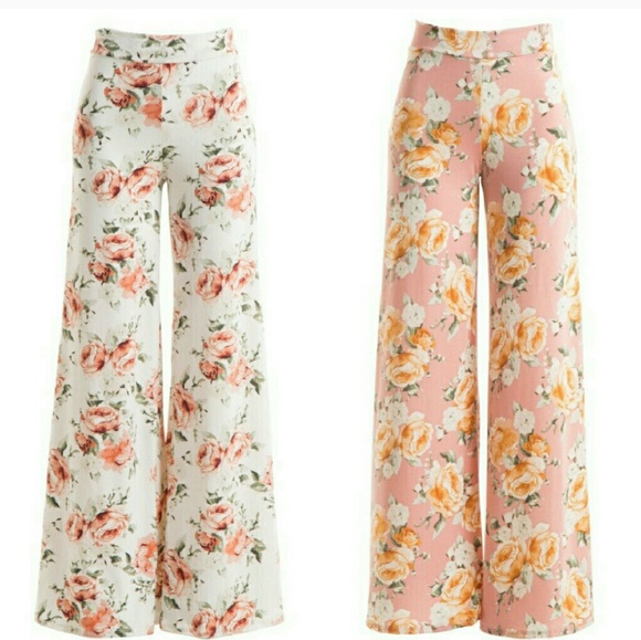 Beautiful Ivory Wide Leg Floral pants - Picture 2 of 5