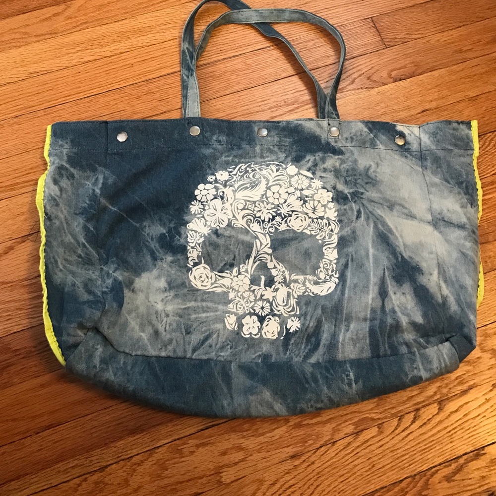 Denim skull neon detail tote