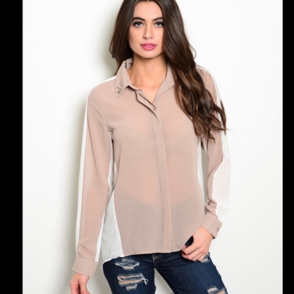 Taupe and ivory blouse with a drape back