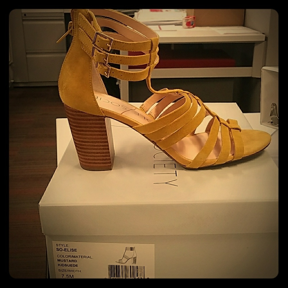 NWOT Mustard Yellow Strappy Sandal w Chunky Heel