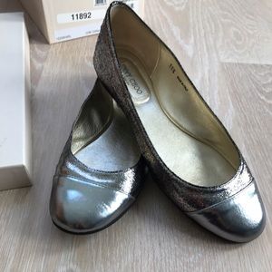 Jimmy Choo silver glitter Whirl Flats, sz 38.5