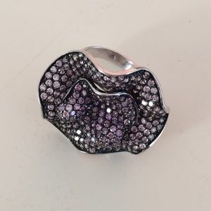 Purple and white flower silver ring