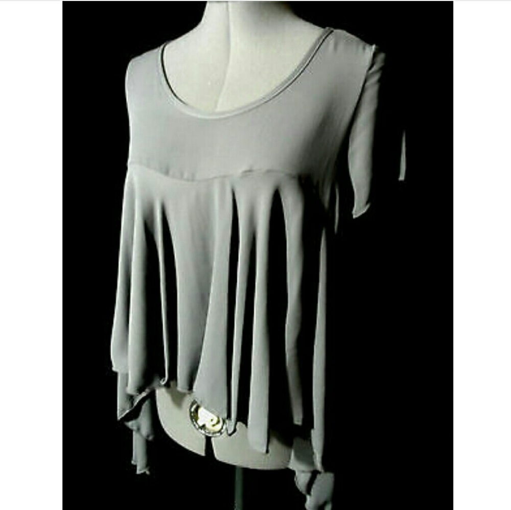 New STYLE TREE Fancy Flowy Top SML Gray Empire Flounce Ruched blouse High Empir