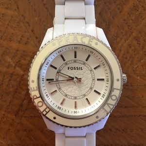 Fossil Peace Love Hope stainless steel watch.
