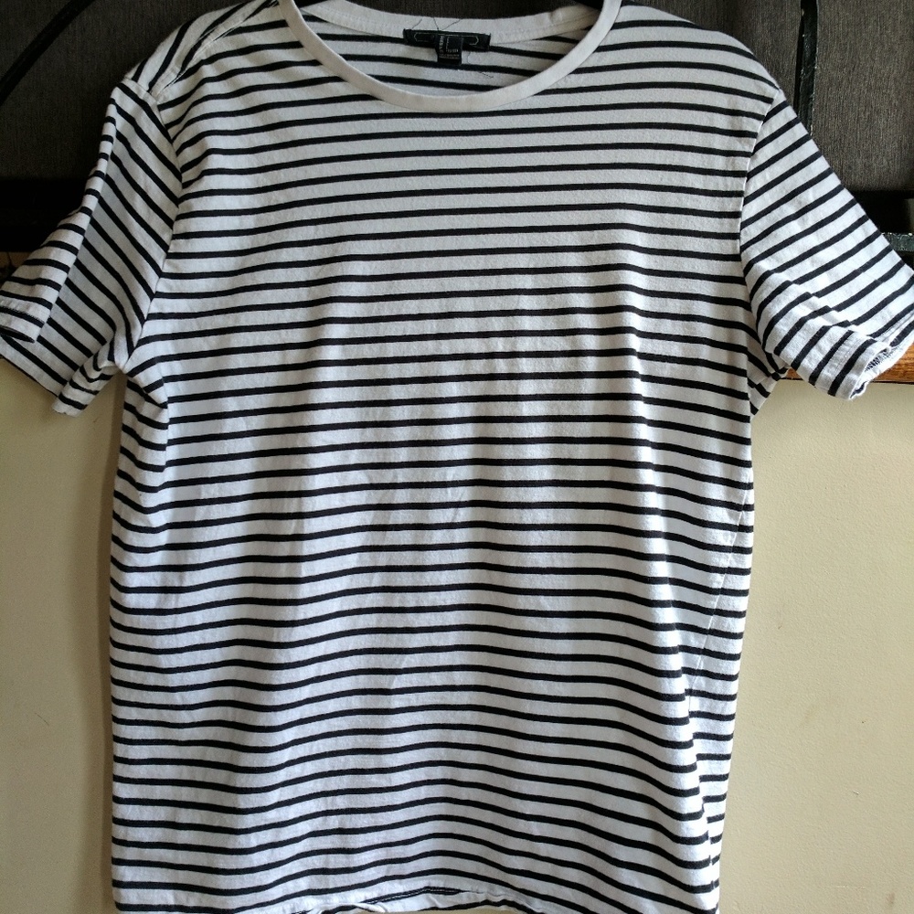 Black and White thinly striped shirt.