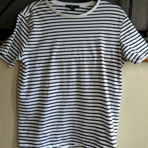 Black and White thinly striped shirt.