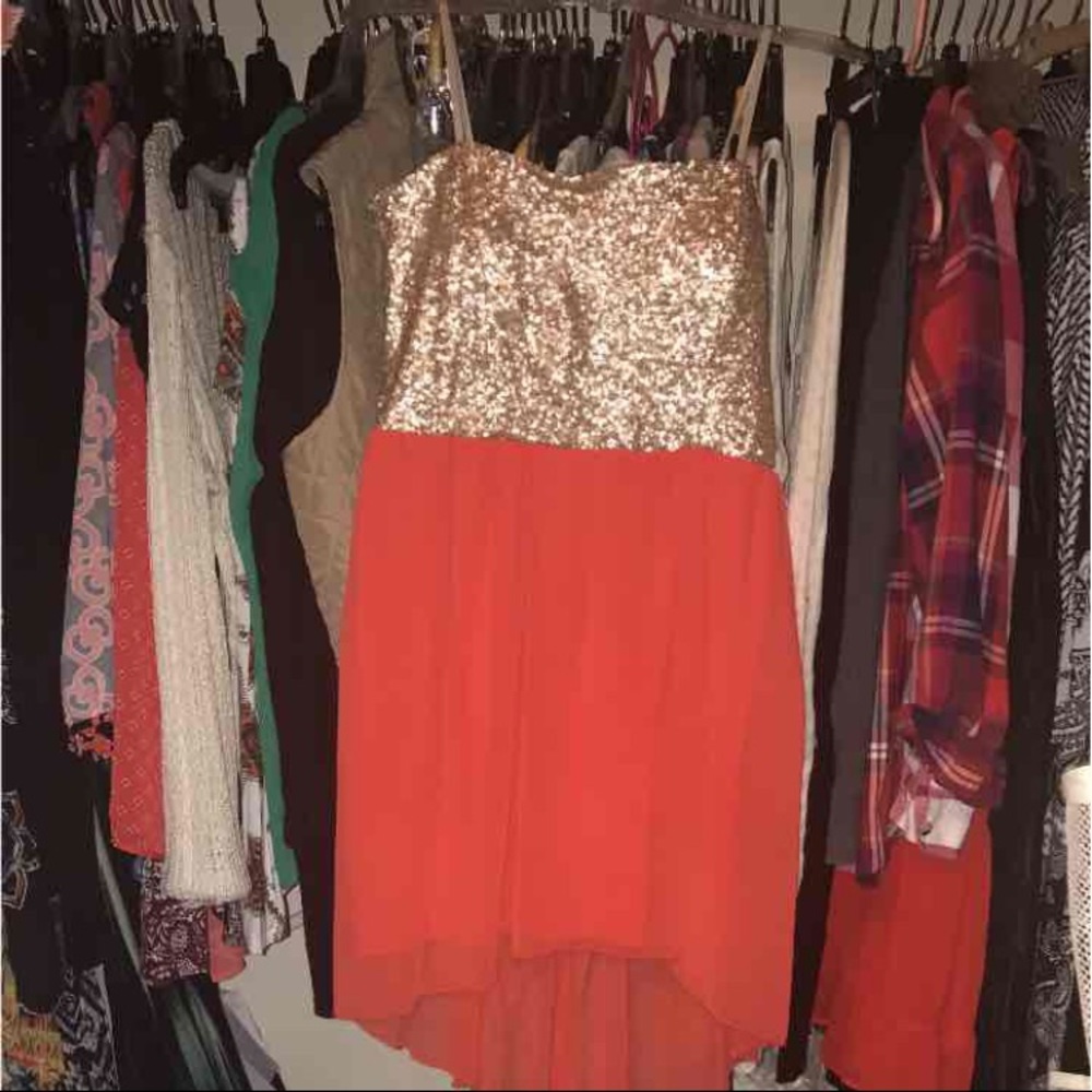 Gold & coral high low formal dress