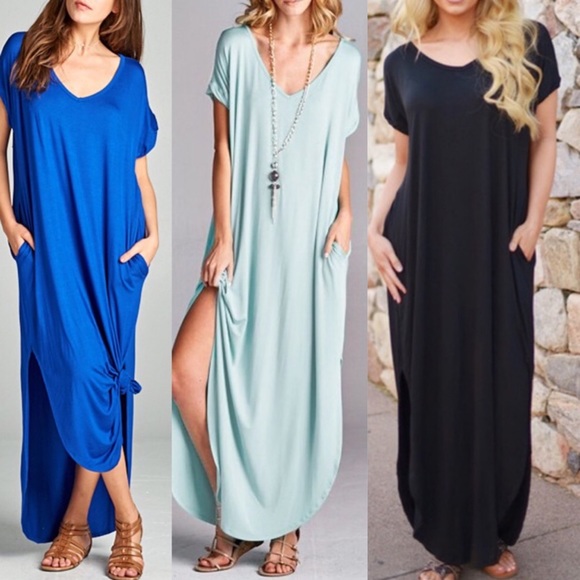 01 Solid Oversized V neck Side Slit Pocket Maxi Dress - Picture 2 of 6
