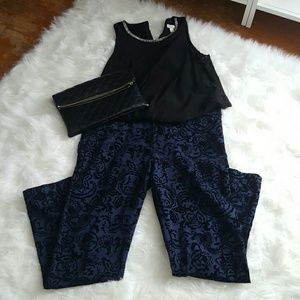 Blue and black velvet brocade pants
