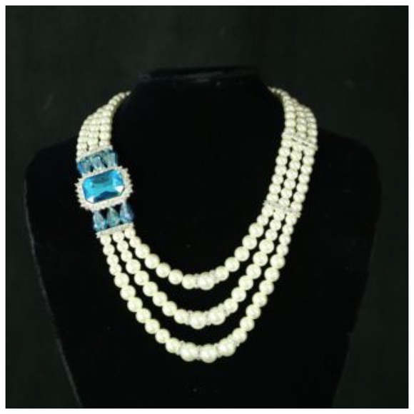 Elegant Pearl With Aqua Blue Crystal Necklace TS - Picture 2 of 5