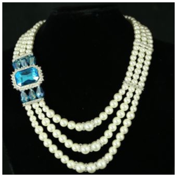 Elegant Pearl With Aqua Blue Crystal Necklace TS - Picture 4 of 5