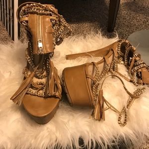 Tan , Gold chain strap platform heel grip bottom