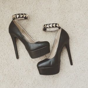 Black Studded Ankle-Strap Platform Heels