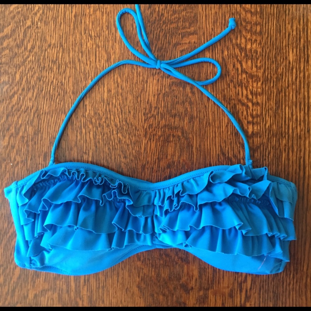 Blue ruffled bathing suit top padded