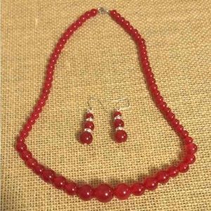 Ruby red beads necklace and earring set