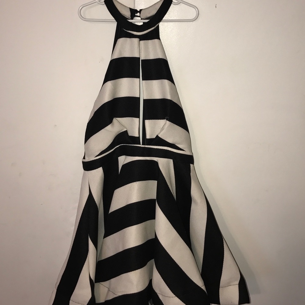 Black & white striped, party flare dress.