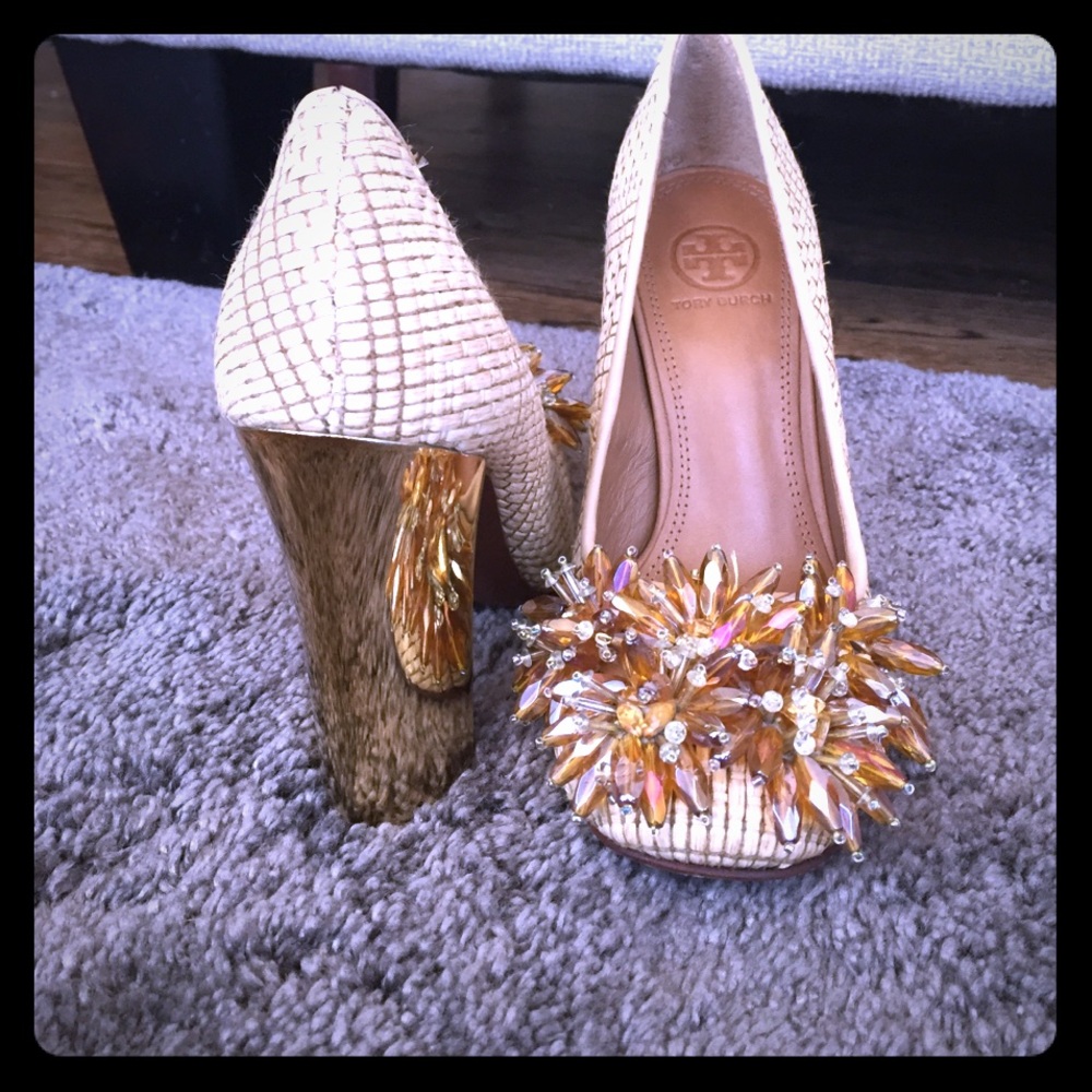 Tory burch flower beaded heels
