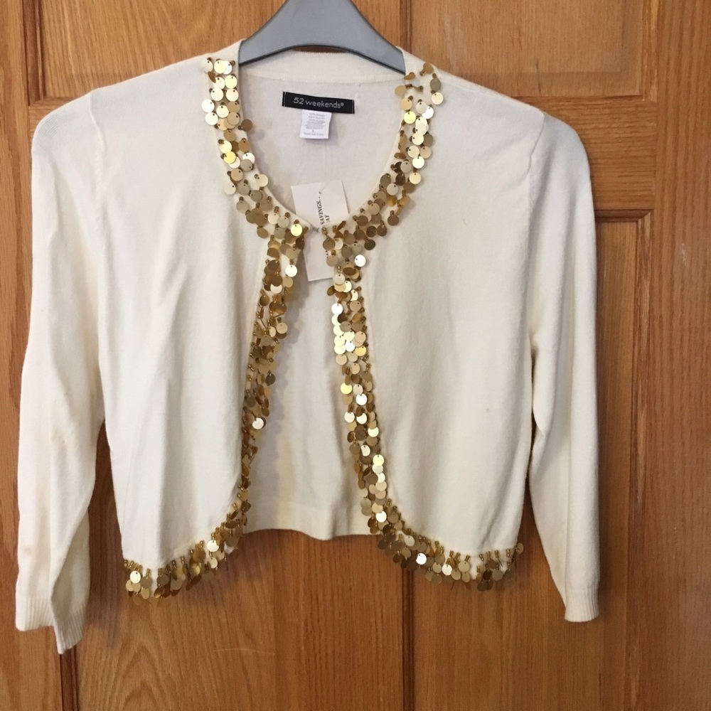 White with gold bead and sequin crop top sweater