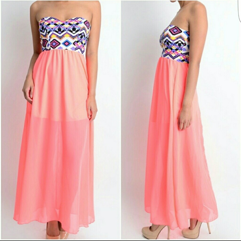 🎉HP🎉Neon Coral Strapless Aztec Dress - Picture 1 of 2