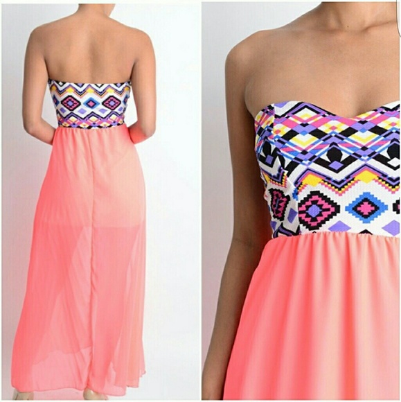🎉HP🎉Neon Coral Strapless Aztec Dress - Picture 2 of 2