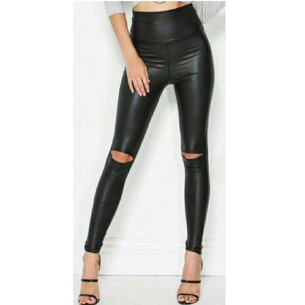 Split Knee Faux Leather Leggings - Picture 3 of 3