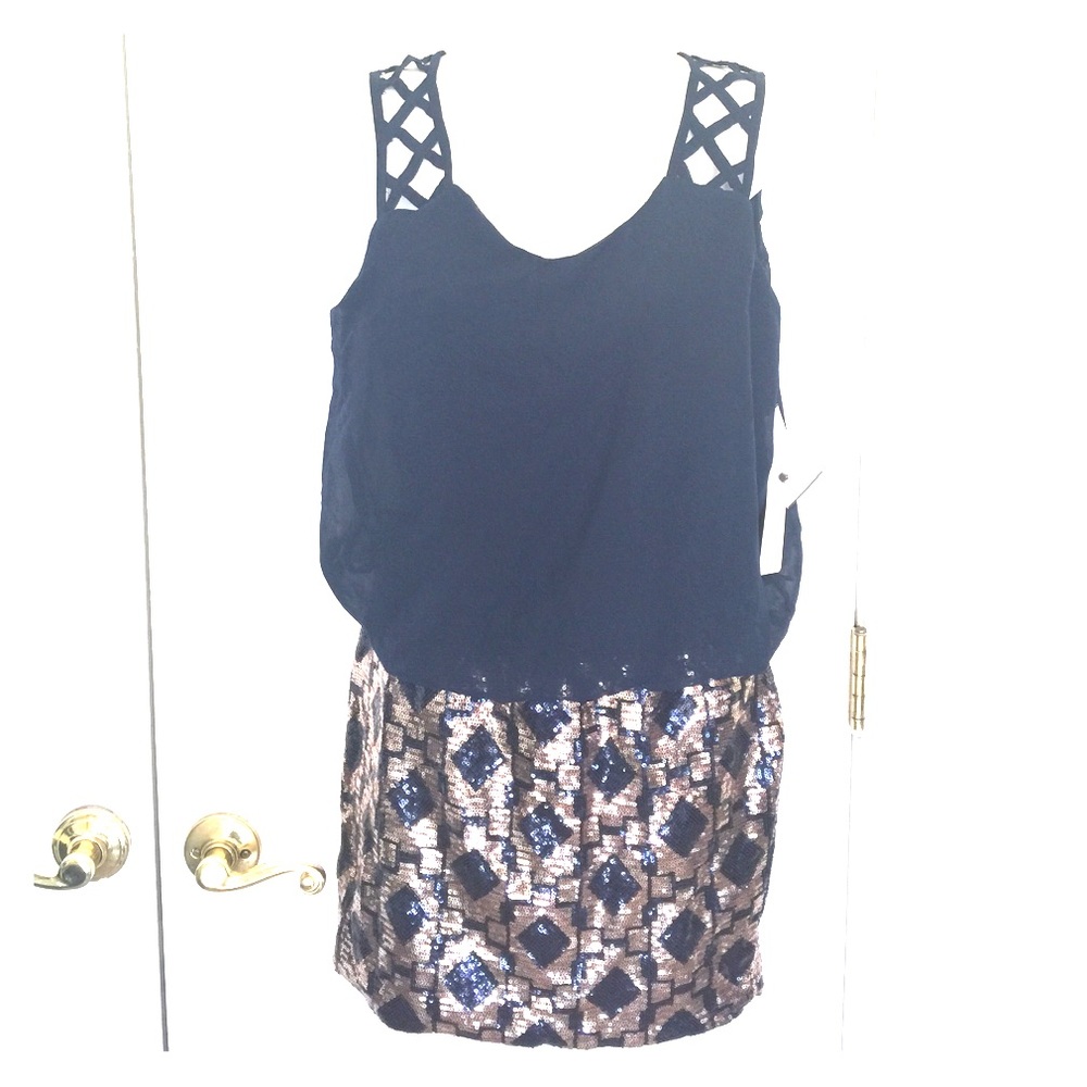 Love Reign navy/gold sequin sleeveless missy dress