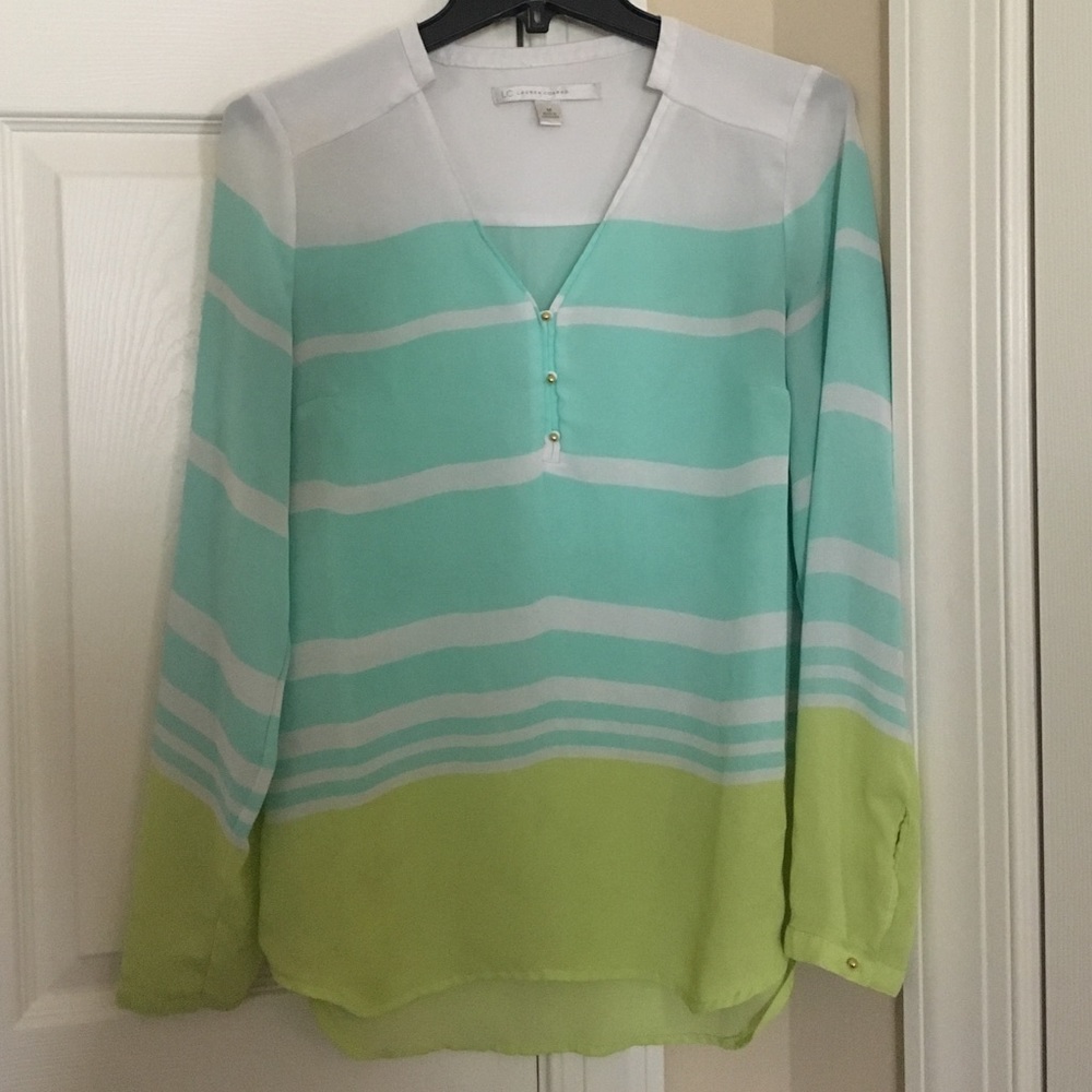 Turquoise stripe and green blouse