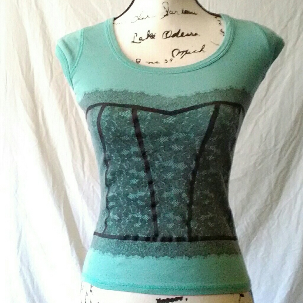 Vintage Guess Corset Printed Mint Lace Tee S / M - Picture 1 of 2