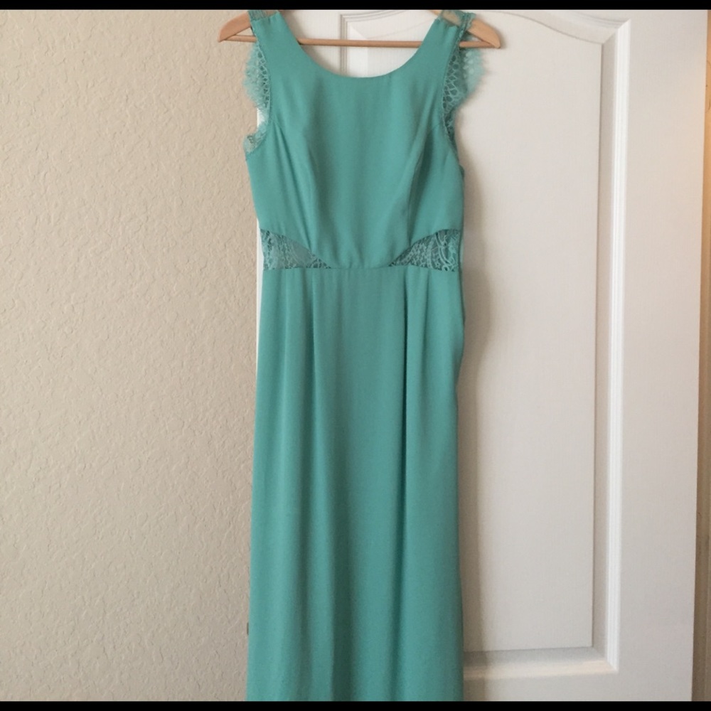 Teal aqua lace dress gown with lace sleeves