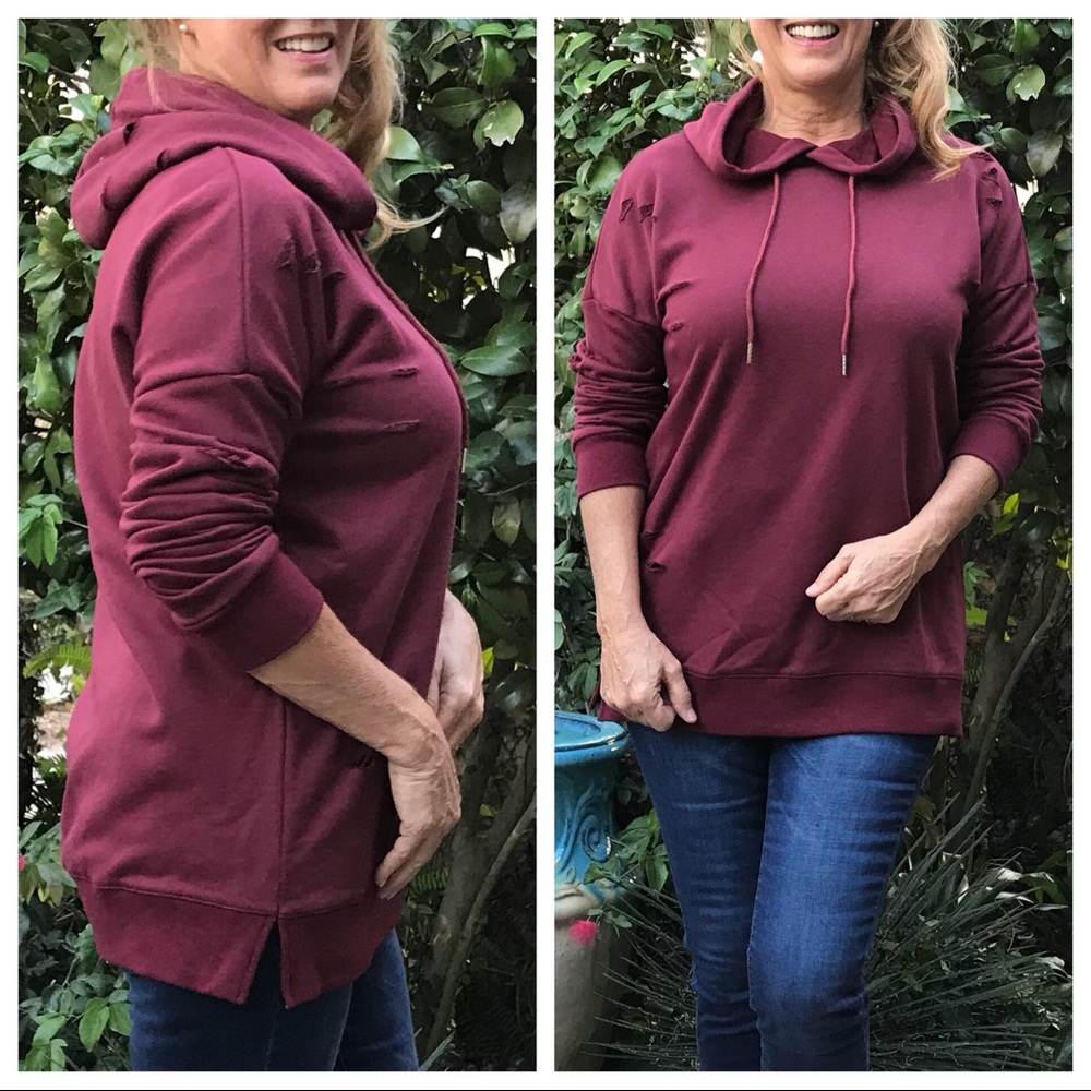 Destroyed LS Brick Red Hoodie Sweatshirt - Picture 2 of 8