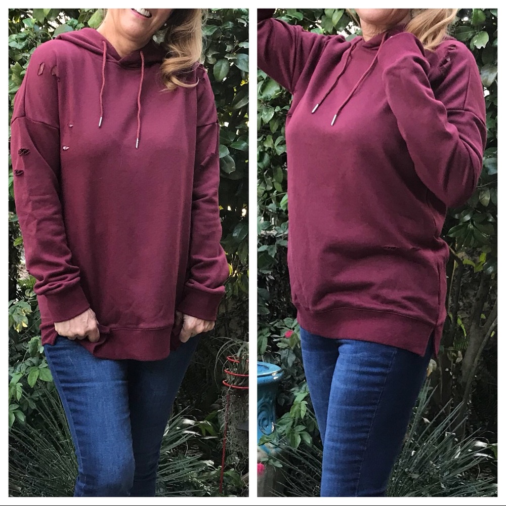 Destroyed LS Brick Red Hoodie Sweatshirt - Picture 6 of 8