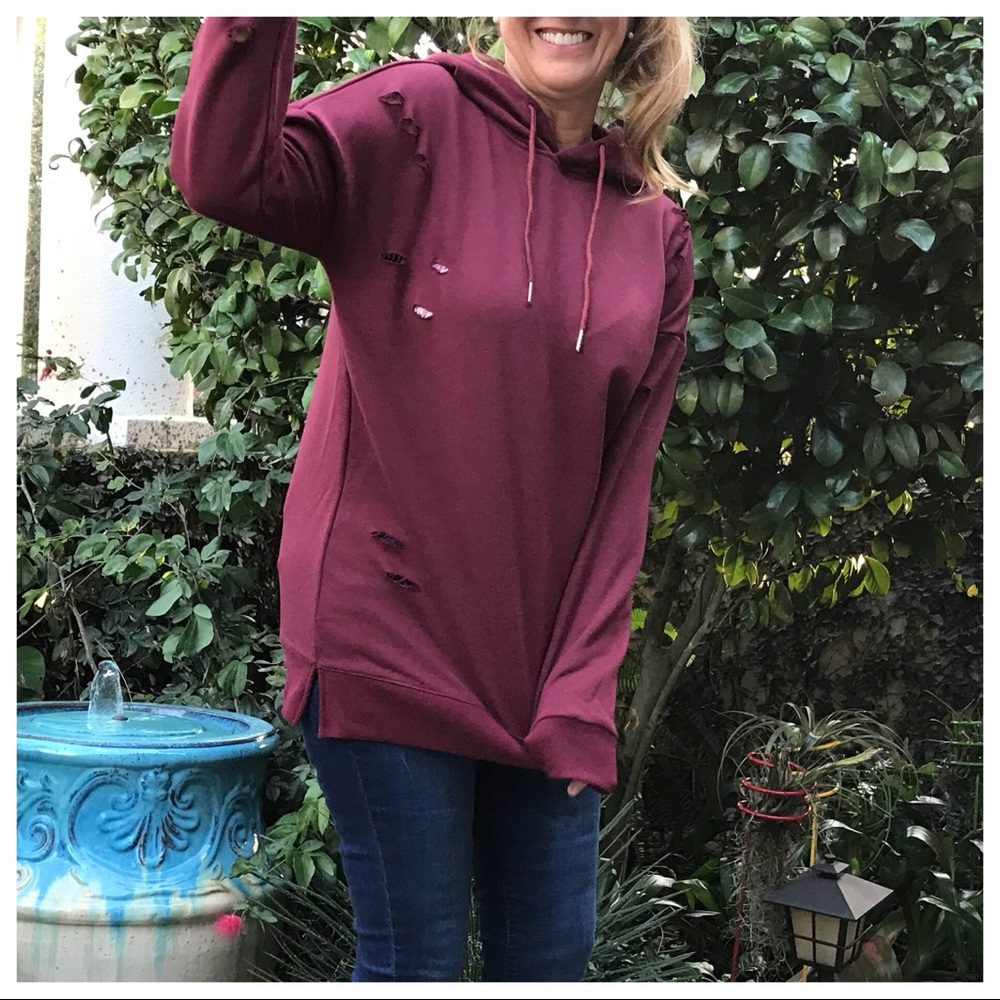 Destroyed LS Brick Red Hoodie Sweatshirt - Picture 5 of 8