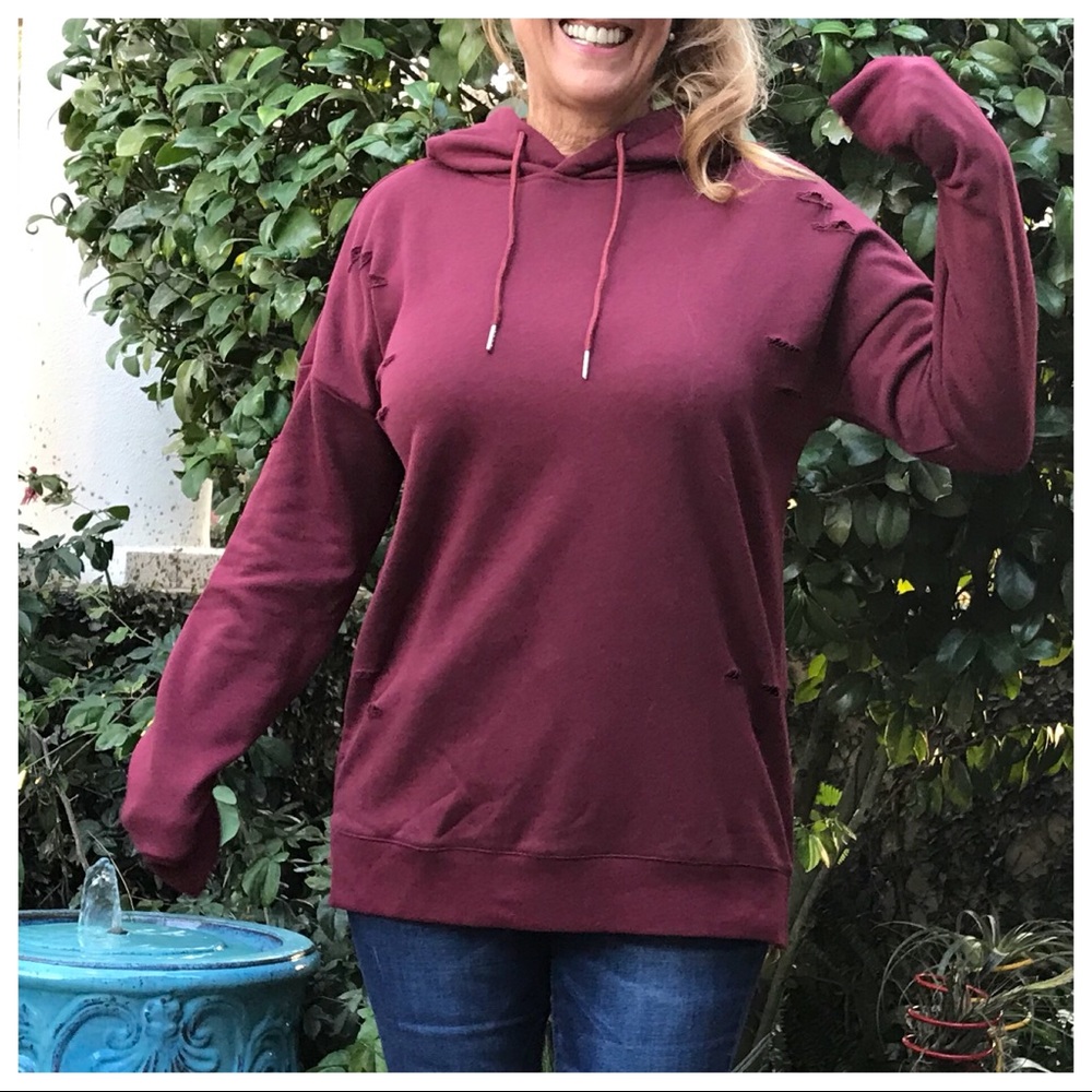 Destroyed LS Brick Red Hoodie Sweatshirt - Picture 7 of 8