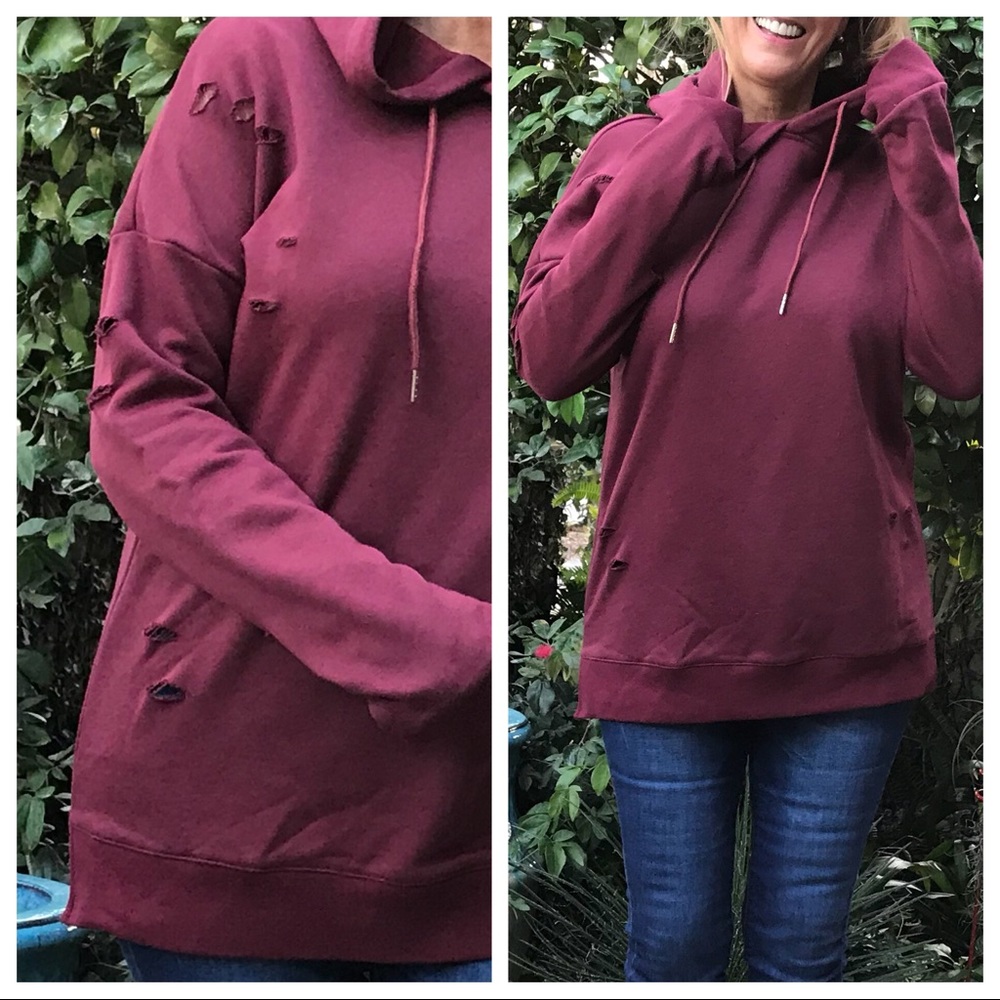 Destroyed LS Brick Red Hoodie Sweatshirt - Picture 8 of 8