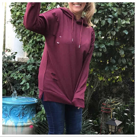 Destroyed LS Brick Red Hoodie Sweatshirt - Picture 5 of 8