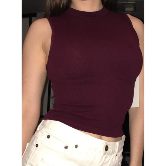 Prime Cut Maroon Burgundy High Mock Neck Crop Top - Picture 3 of 8